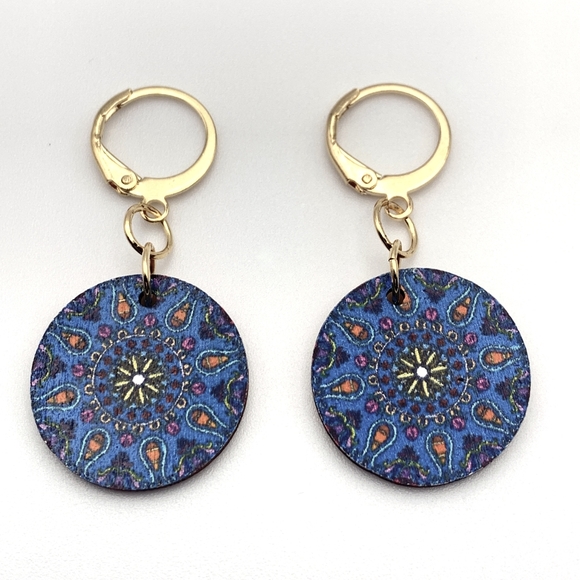 Wooden Mandela Boho Dangle Earrings - Picture 3 of 5